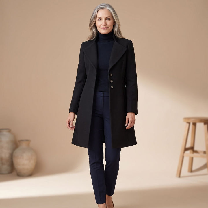 Damen Wollmantel Elegant Geschnittener Langer Wintermantel mit Knöpfen - Schwarz