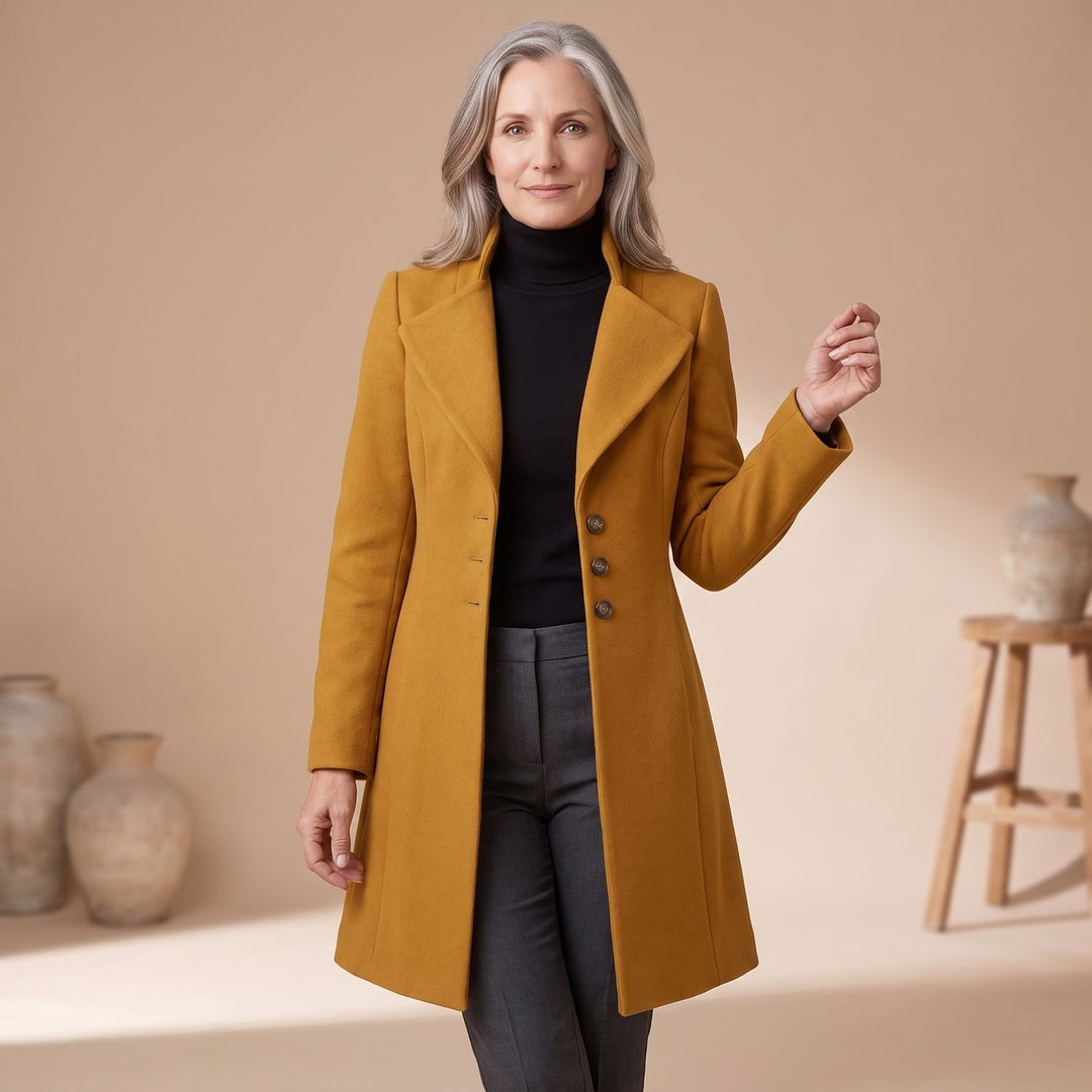 Damen Wollmantel Elegant Geschnittener Langer Wintermantel mit Knöpfen - Gelb