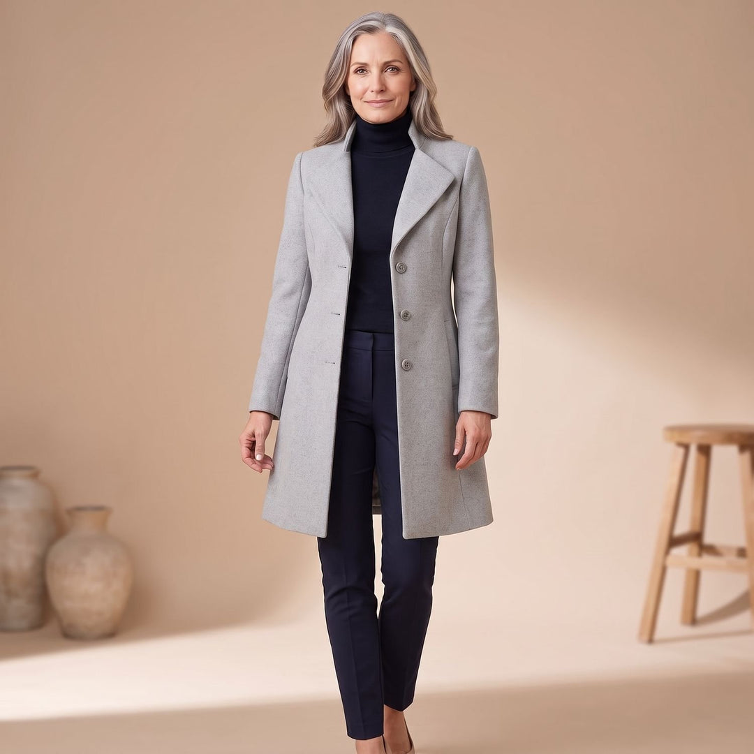 Damen Wollmantel Elegant Geschnittener Langer Wintermantel mit Knöpfen - Grau