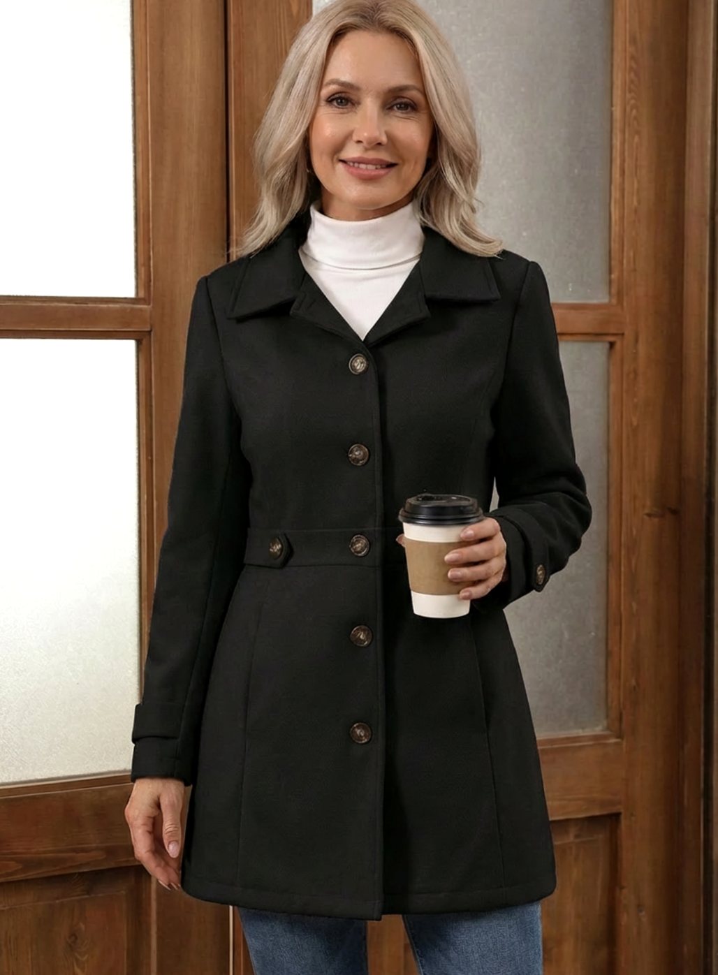 Damen Wollmantel Eleganter Knopfmantel für Lagenlooks - Schwarz