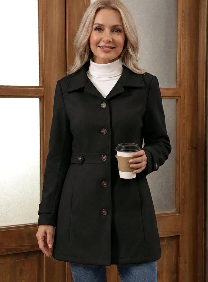 Damen Wollmantel Eleganter Knopfmantel für Lagenlooks - Schwarz