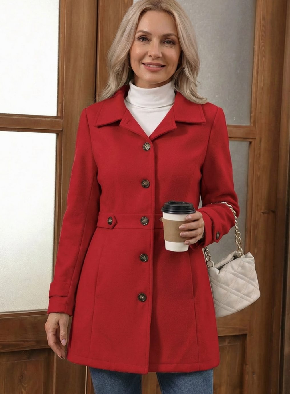 Damen Wollmantel Eleganter Knopfmantel für Lagenlooks - Rot