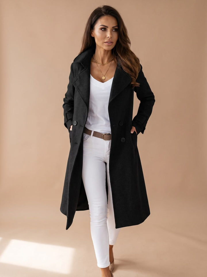 Damen Wollmantel Eleganter Langer Mantel mit Umlegekragen - Schwarz