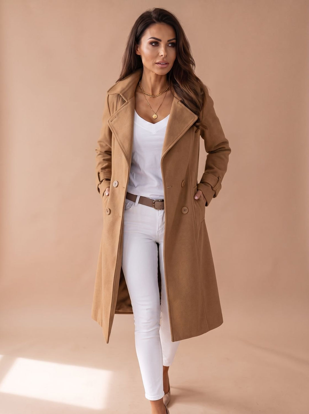 Damen Wollmantel Eleganter Langer Mantel mit Umlegekragen - Braun