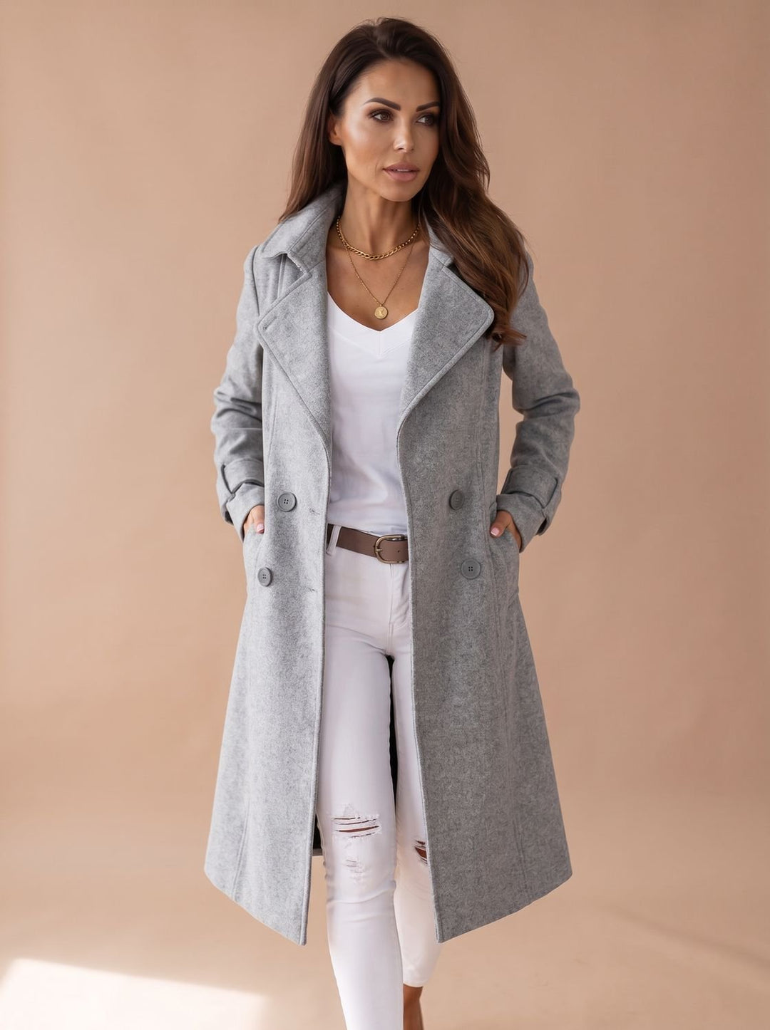 Damen Wollmantel Eleganter Langer Mantel mit Umlegekragen - Grau