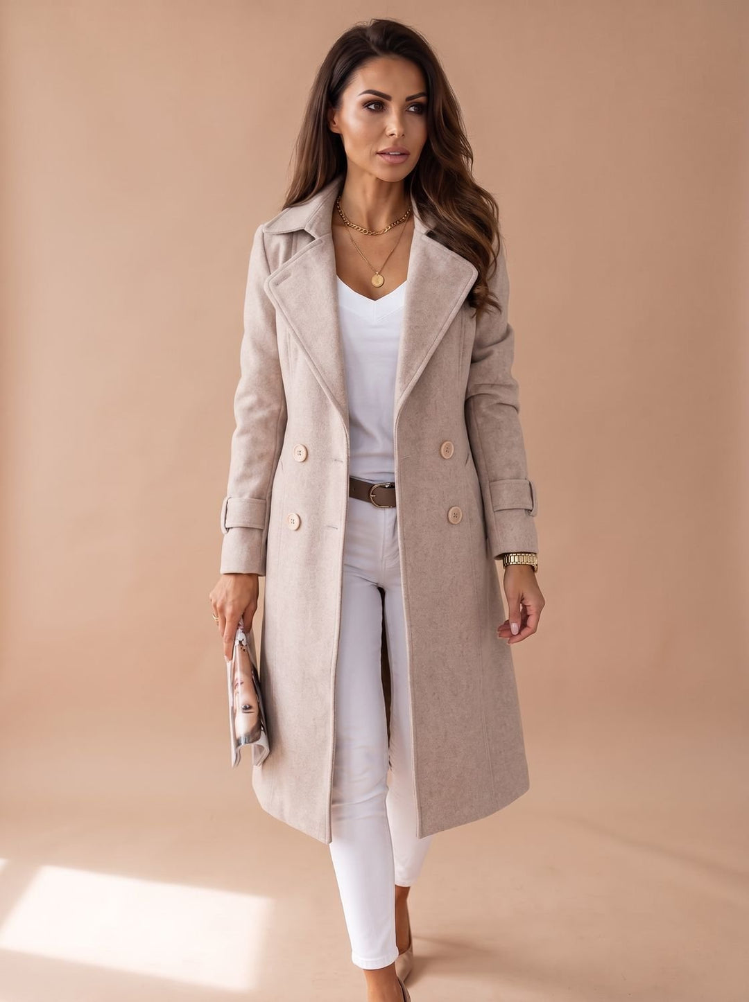 Damen Wollmantel Eleganter Langer Mantel mit Umlegekragen - Rosa