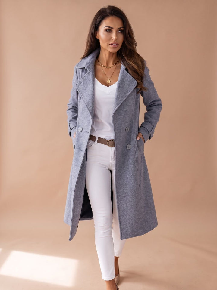 Damen Wollmantel Eleganter Langer Mantel mit Umlegekragen - Hellblau
