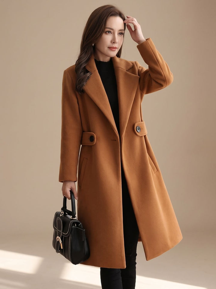 Damen Wollmantel Langer Klassischer Blend Trench Coat mit Revers - Braun