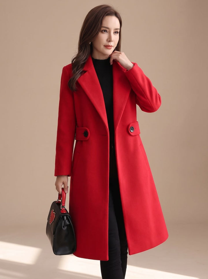 Damen Wollmantel Langer Klassischer Blend Trench Coat mit Revers - Rot