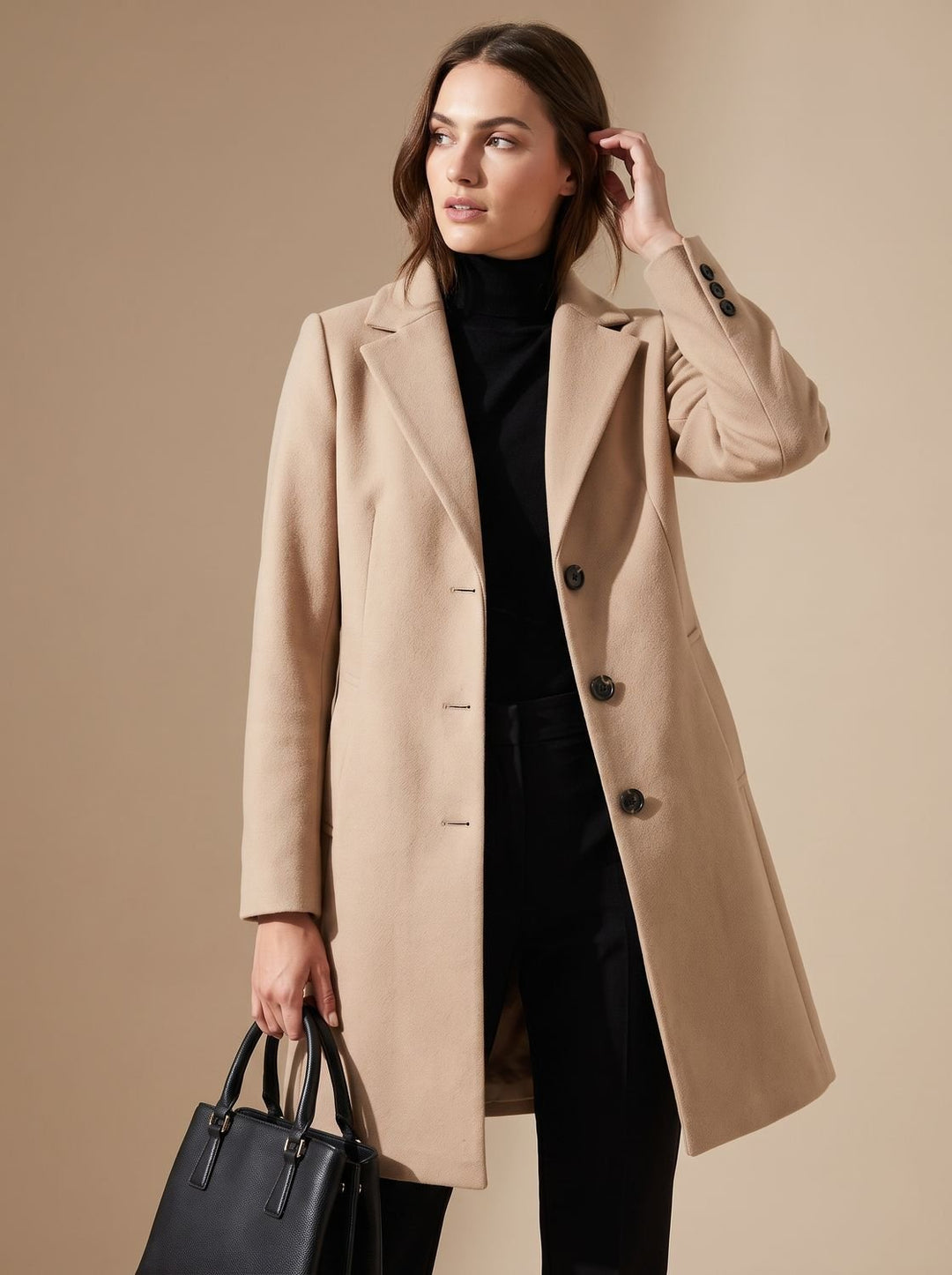Damen Wollmantel Langer Klassischer Blend Trench Coat mit Revers - Beige