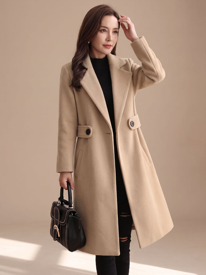 Damen Wollmantel Langer Klassischer Blend Trench Coat mit Revers