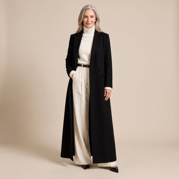 Damen Wollmantel Langer Zweireihiger Mantel in Maxi-Länge - Schwarz