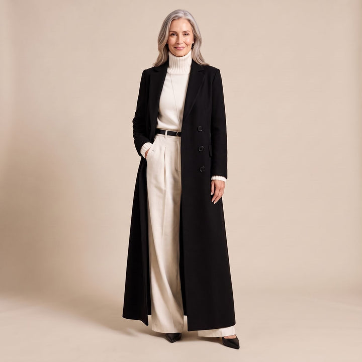 Damen Wollmantel Langer Zweireihiger Mantel in Maxi-Länge