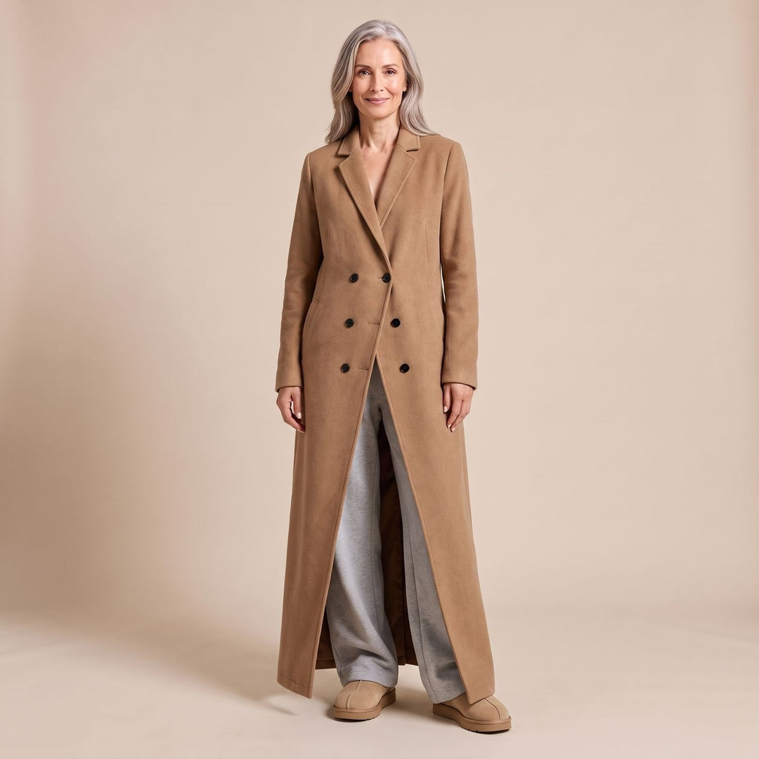Damen Wollmantel Langer Zweireihiger Mantel in Maxi-Länge - Beige