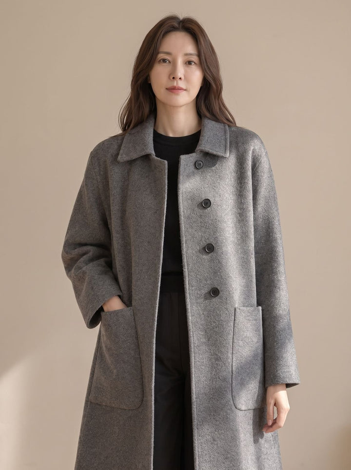 Damen Wollmantel Longline Single-Breasted Oversized-Taschen - Grau