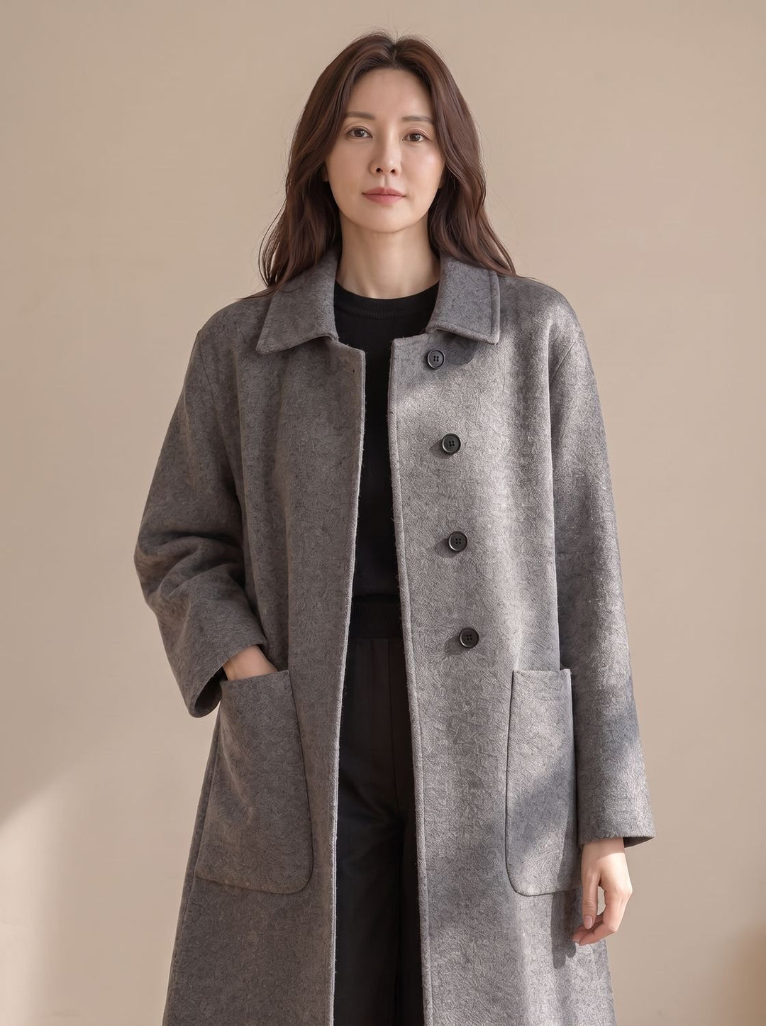 Damen Wollmantel Longline Single-Breasted Oversized-Taschen - Schwarz