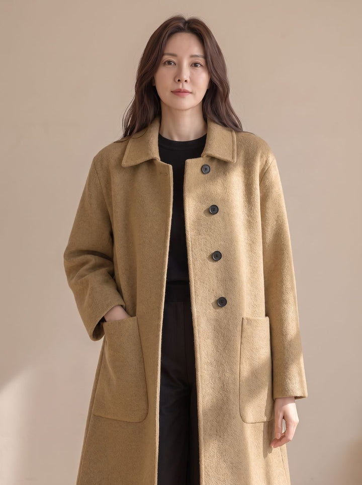 Damen Wollmantel Longline Single-Breasted Oversized-Taschen - Kamelbraun