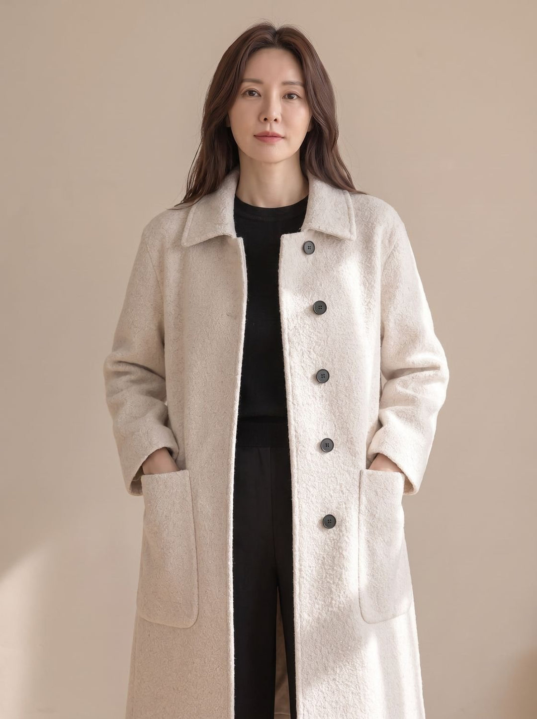 Damen Wollmantel Longline Single-Breasted Oversized-Taschen - Aprikose