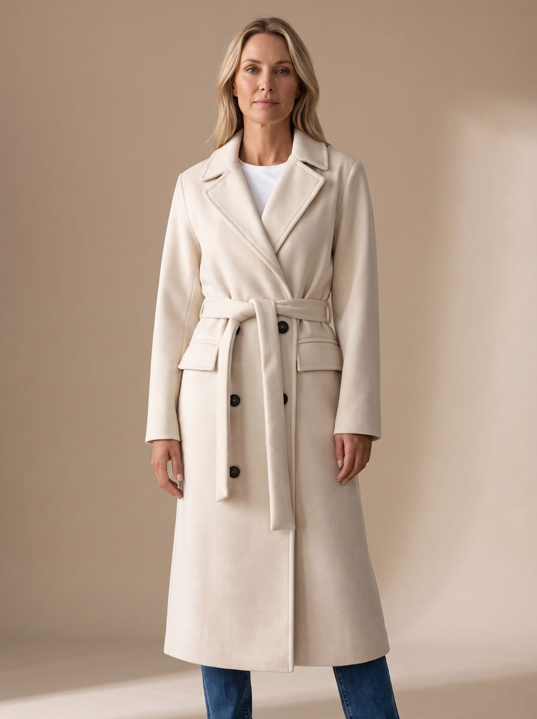 Damen Wollmantel mit Bindegürtel Kerbkragen Knopfleiste - Beige