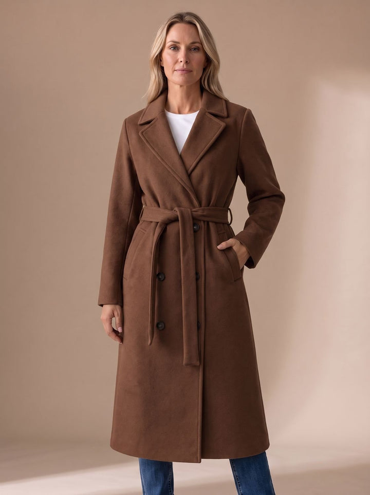 Damen Wollmantel mit Bindegürtel Kerbkragen Knopfleiste - Braun