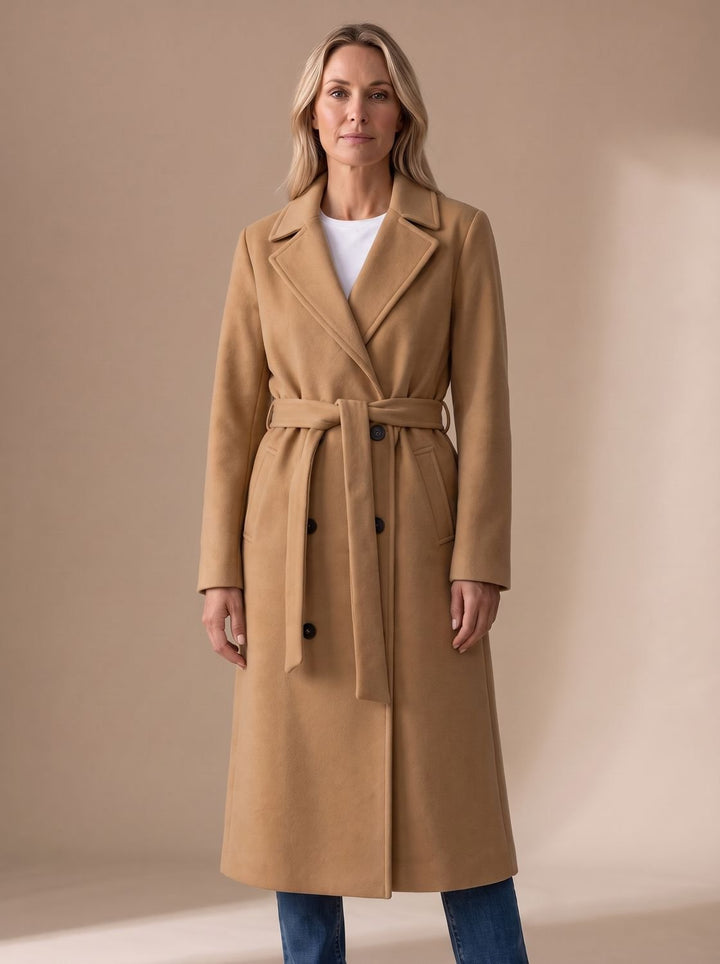 Damen Wollmantel mit Bindegürtel Kerbkragen Knopfleiste - Khaki