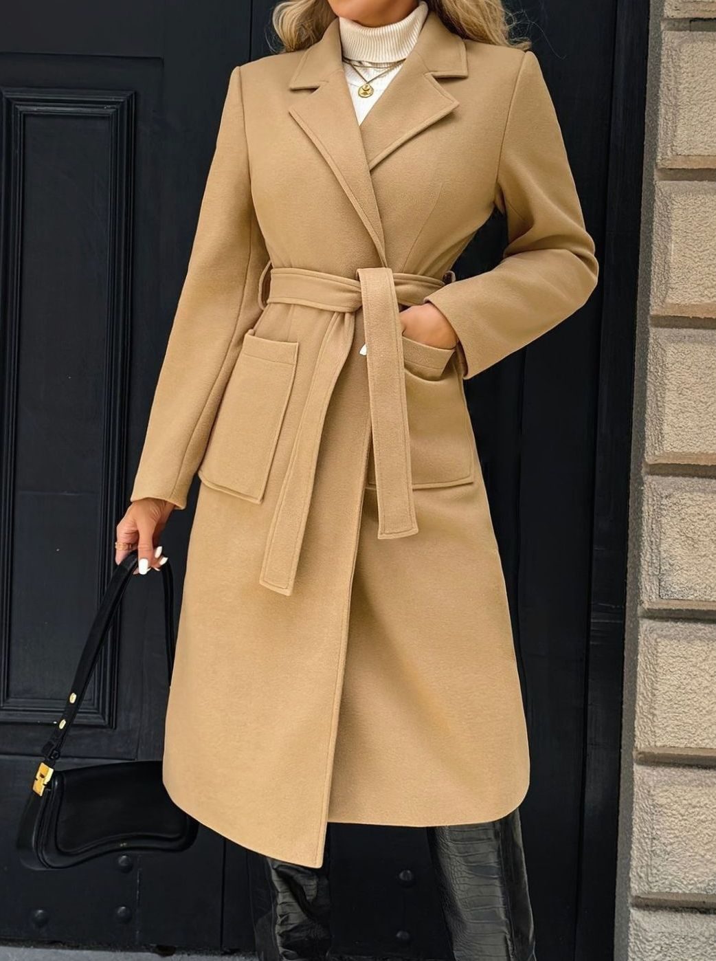 Damen Wollmantel mit Bindegürtel Longline Tailored Trenchcoat
