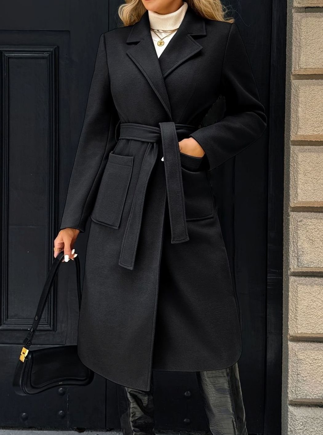 Damen Wollmantel mit Bindegürtel Longline Tailored Trenchcoat