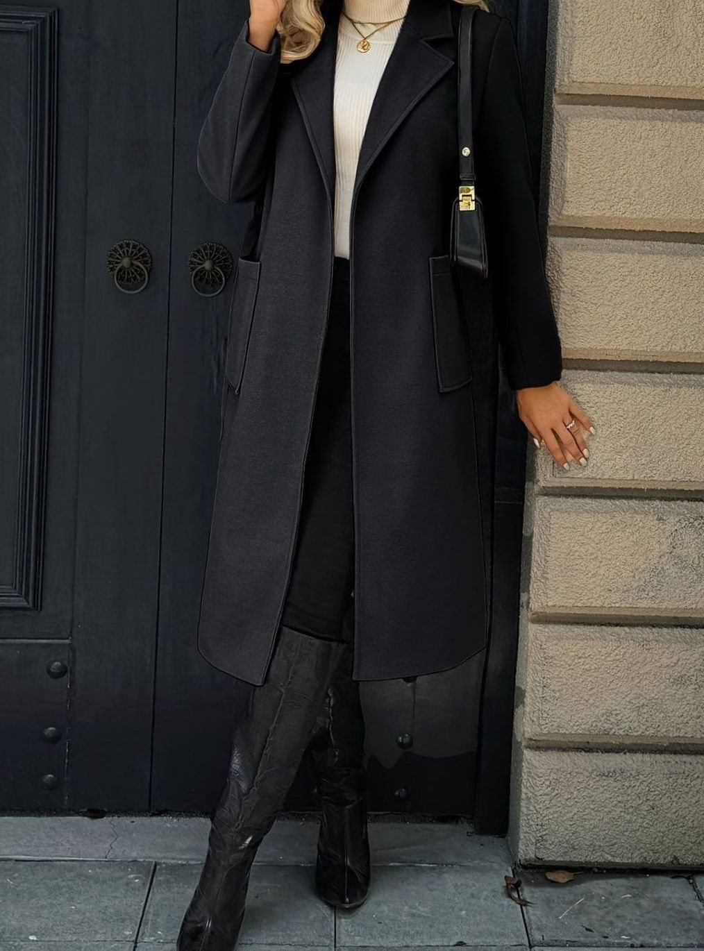 Damen Wollmantel mit Bindegürtel Longline Tailored Trenchcoat