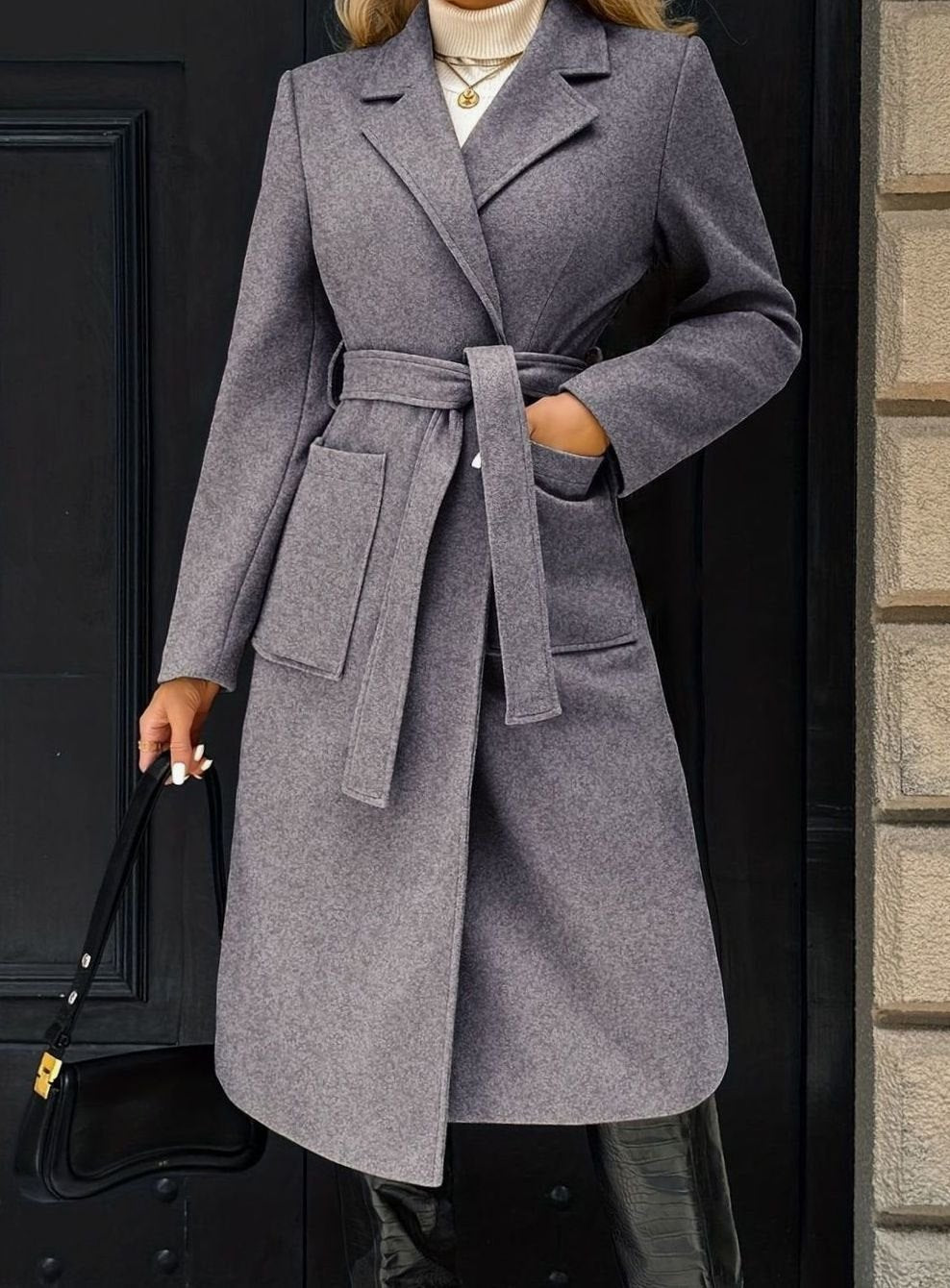 Damen Wollmantel mit Bindegürtel Longline Tailored Trenchcoat