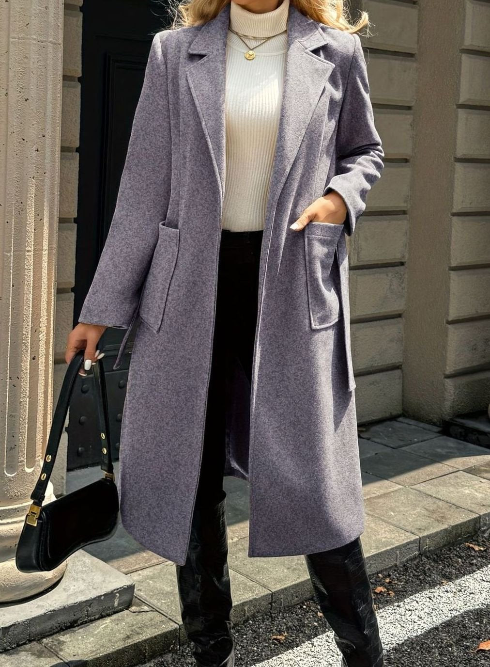 Damen Wollmantel mit Bindegürtel Longline Tailored Trenchcoat