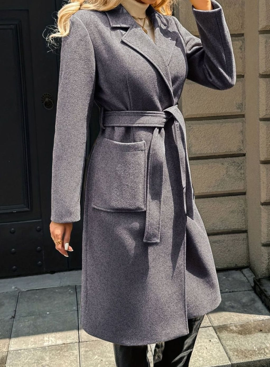 Damen Wollmantel mit Bindegürtel Longline Tailored Trenchcoat