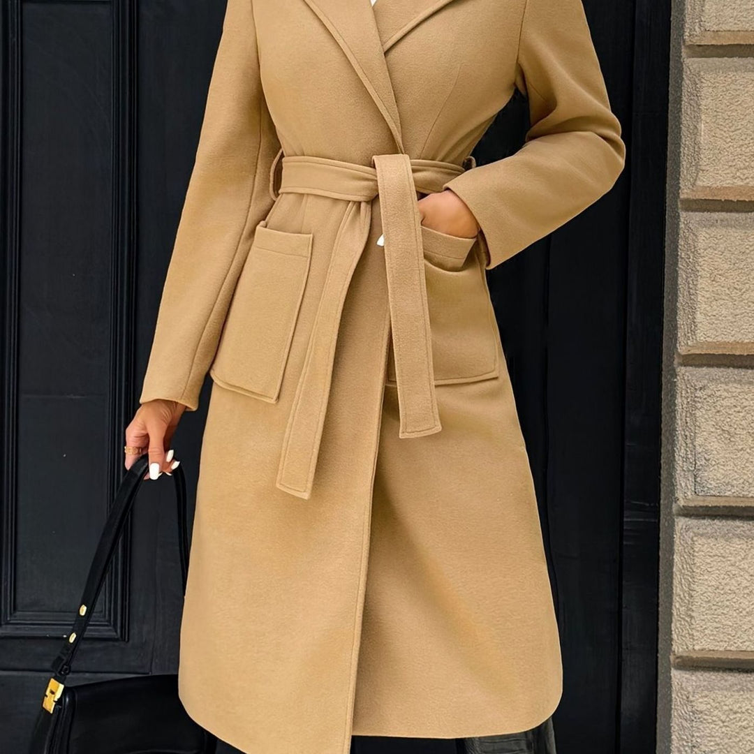 Damen Wollmantel mit Bindegürtel Longline Tailored Trenchcoat - Kamel