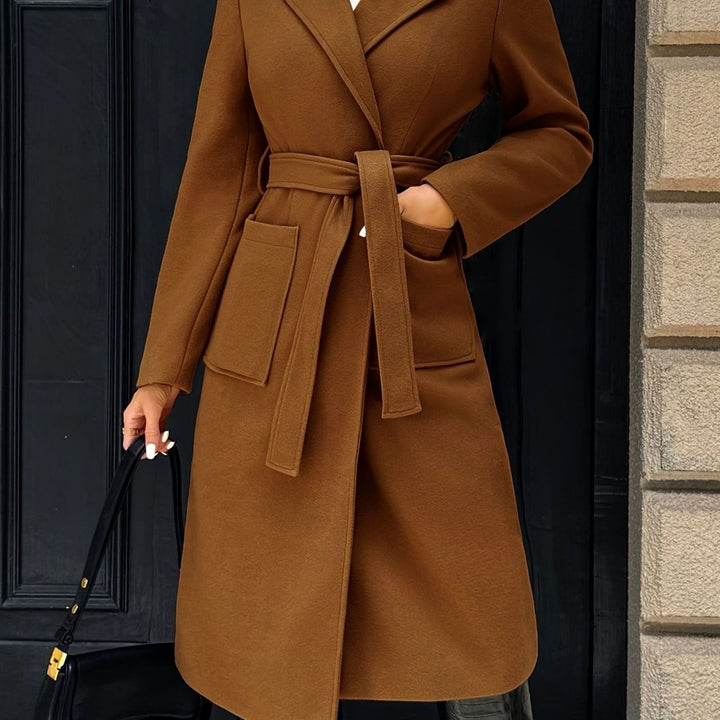 Damen Wollmantel mit Bindegürtel Longline Tailored Trenchcoat - Hellbraun