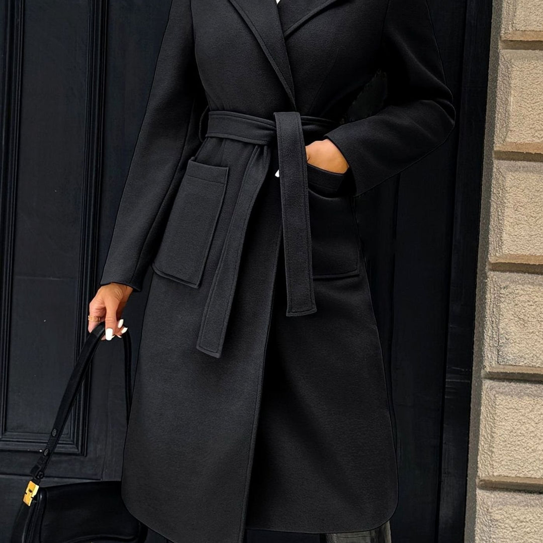 Damen Wollmantel mit Bindegürtel Longline Tailored Trenchcoat - Schwarz