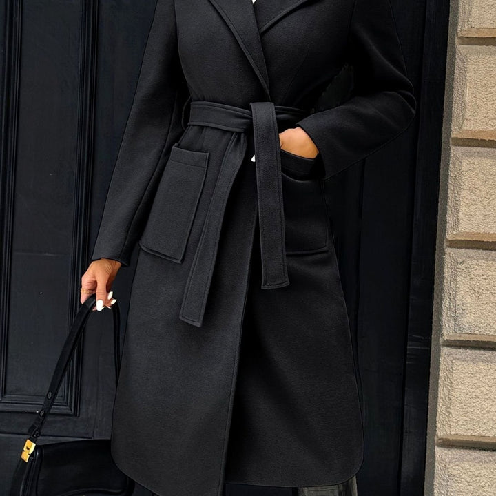 Damen Wollmantel mit Bindegürtel Longline Tailored Trenchcoat - Schwarz