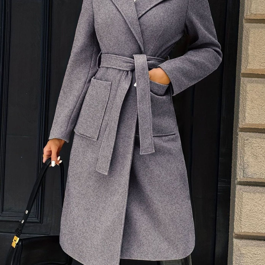 Damen Wollmantel mit Bindegürtel Longline Tailored Trenchcoat - Grau