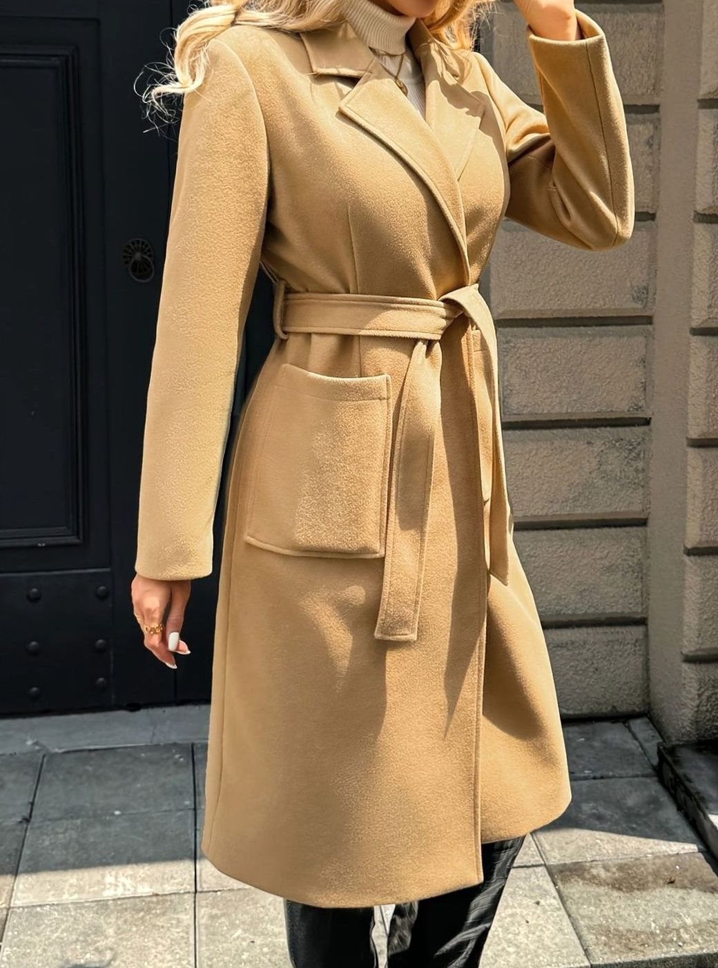 Damen Wollmantel mit Bindegürtel Longline Tailored Trenchcoat