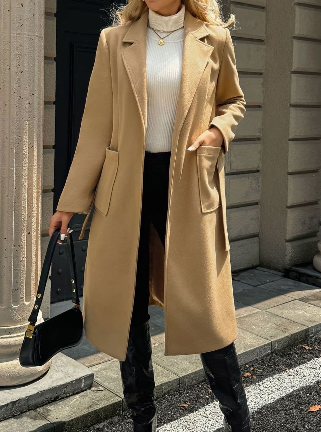 Damen Wollmantel mit Bindegürtel Longline Tailored Trenchcoat