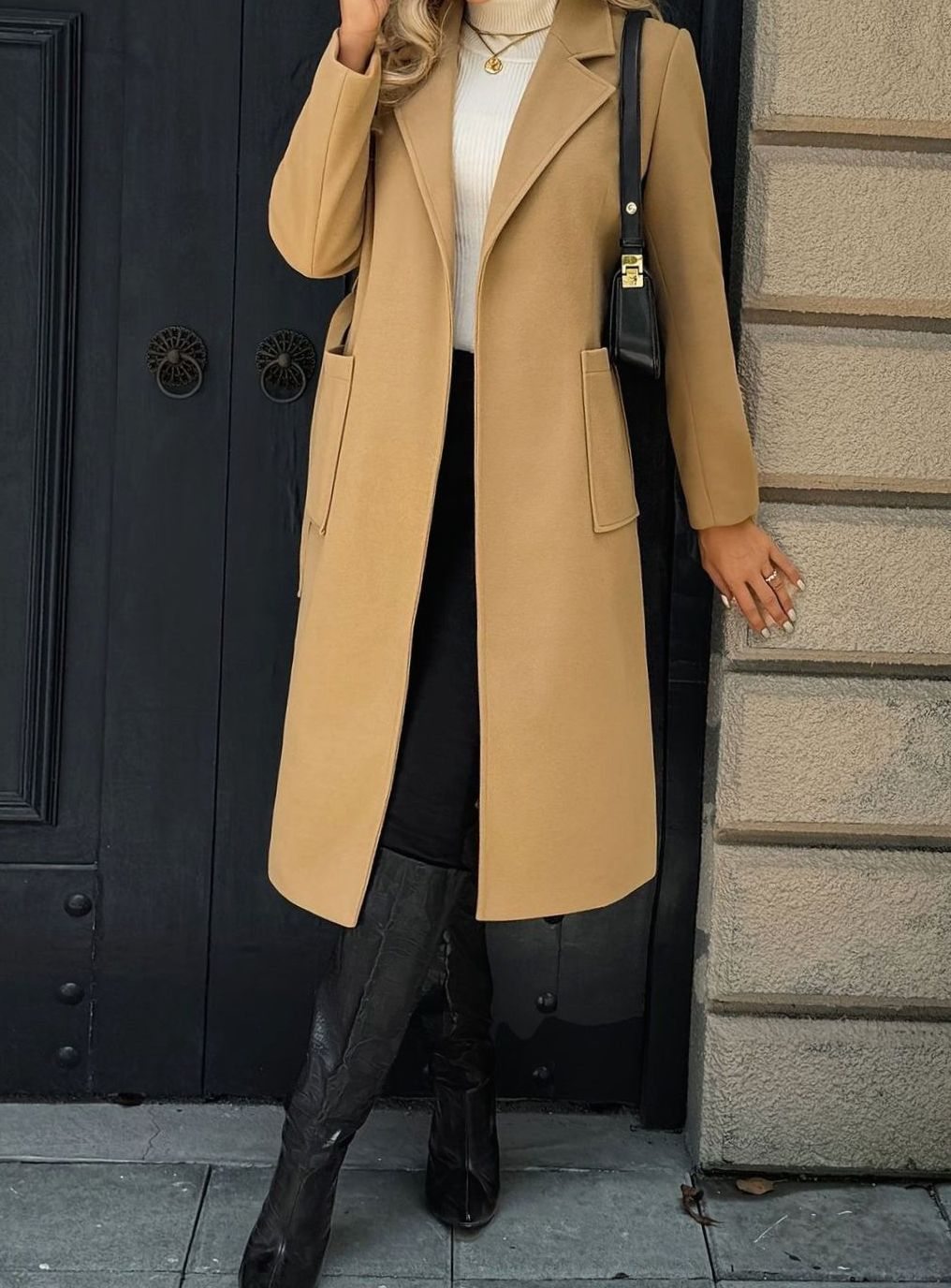 Damen Wollmantel mit Bindegürtel Longline Tailored Trenchcoat