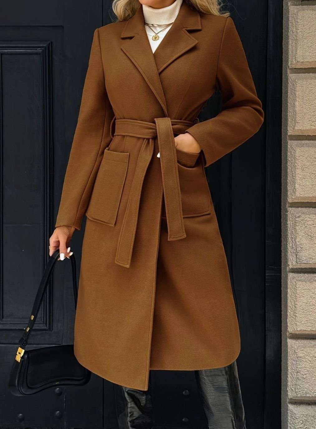 Damen Wollmantel mit Bindegürtel Longline Tailored Trenchcoat
