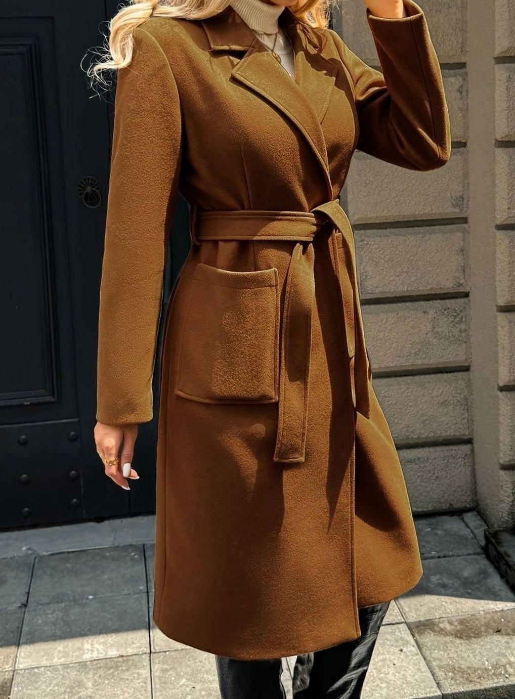 Damen Wollmantel mit Bindegürtel Longline Tailored Trenchcoat