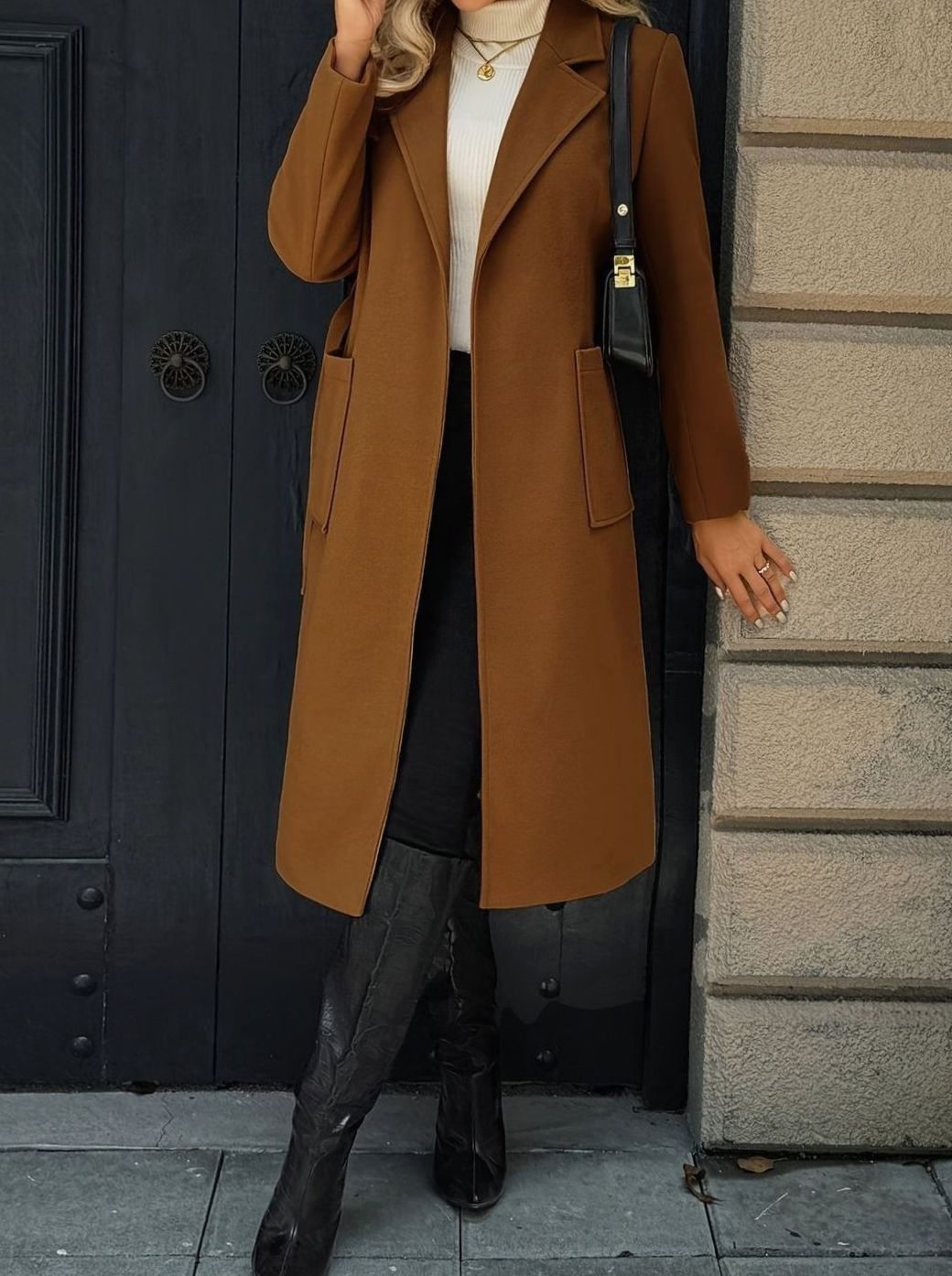 Damen Wollmantel mit Bindegürtel Longline Tailored Trenchcoat