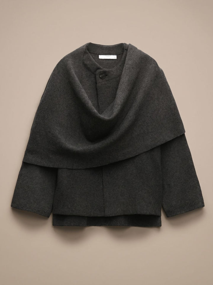 Damen Wollmantel mit integriertem Schal Kurzmantel - Schwarz