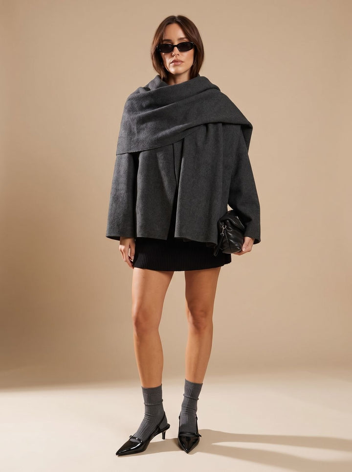 Damen Wollmantel mit integriertem Schal Kurzmantel