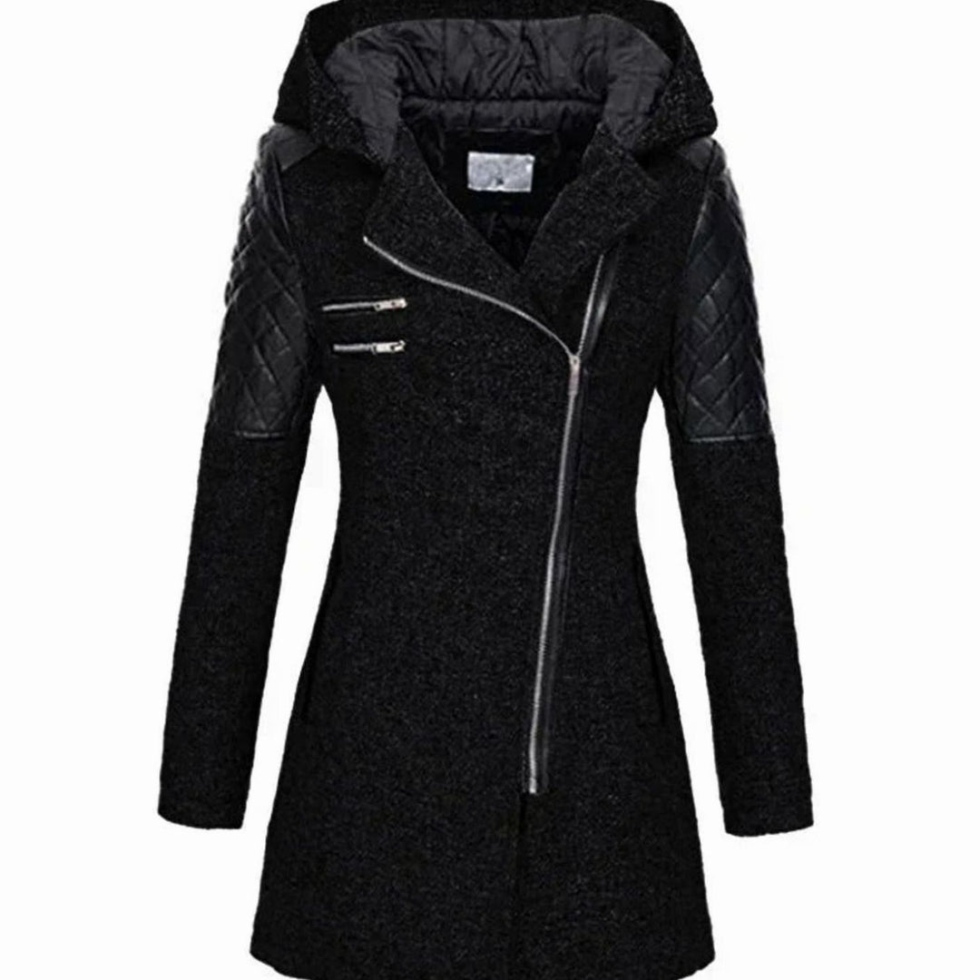 Damen Wollmantel mit Kapuze Asymmetrischem Reißverschluss A-Linie - Schwarz