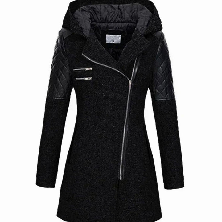 Damen Wollmantel mit Kapuze Asymmetrischem Reißverschluss A-Linie - Schwarz