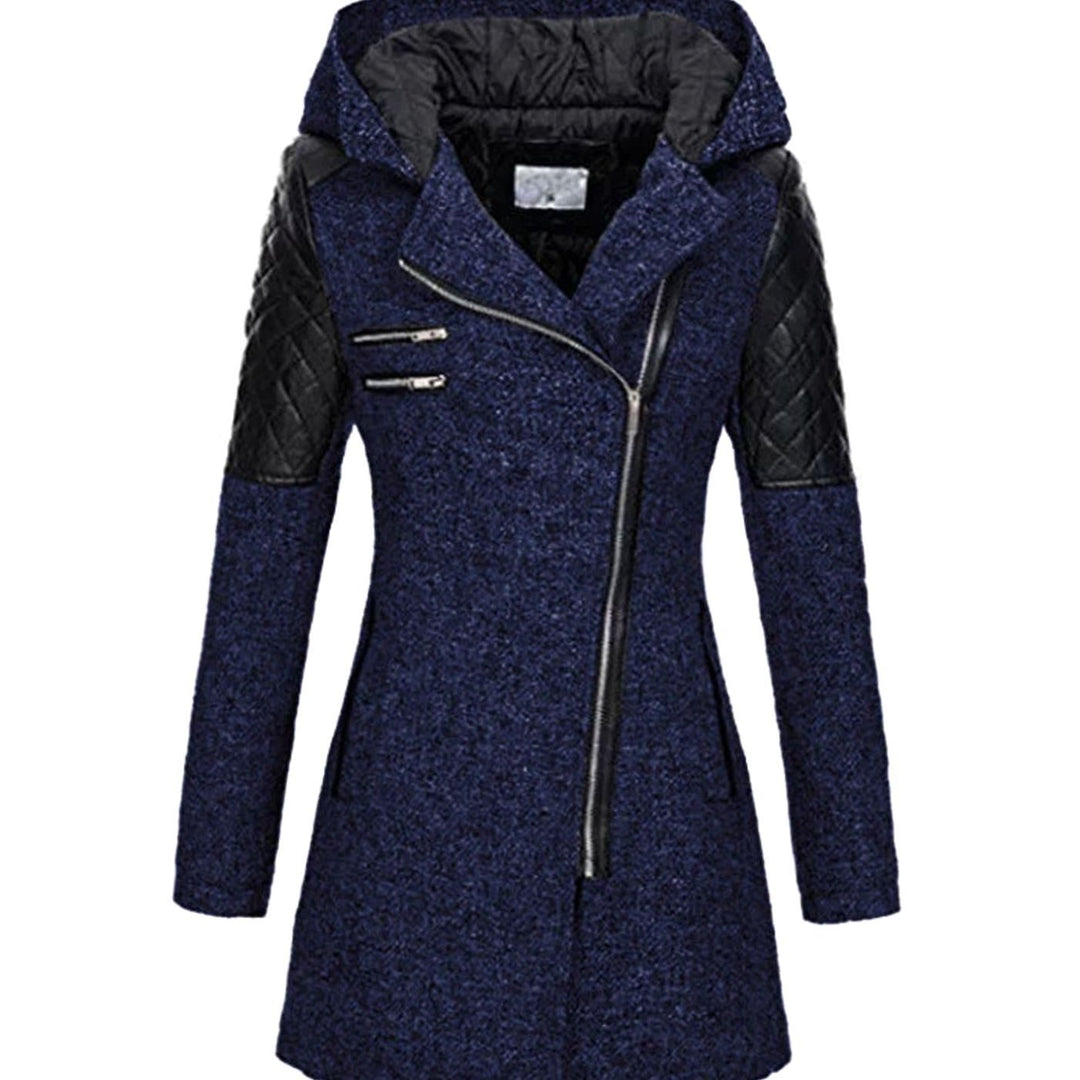 Damen Wollmantel mit Kapuze Asymmetrischem Reißverschluss A-Linie - Marineblau