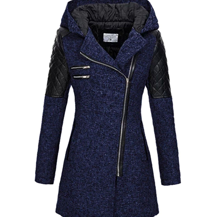Damen Wollmantel mit Kapuze Asymmetrischem Reißverschluss A-Linie - Marineblau