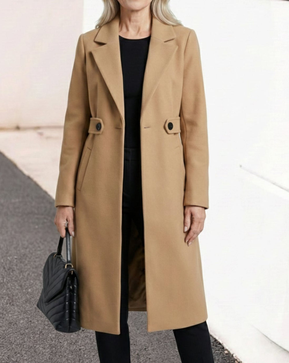 Damen Wollmantel mit Reverskragen Pattentaschen langer Schnitt - Khaki