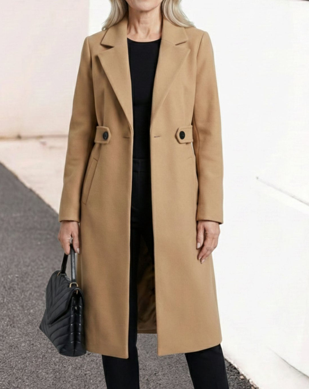 Damen Wollmantel mit Reverskragen Pattentaschen langer Schnitt - Khaki